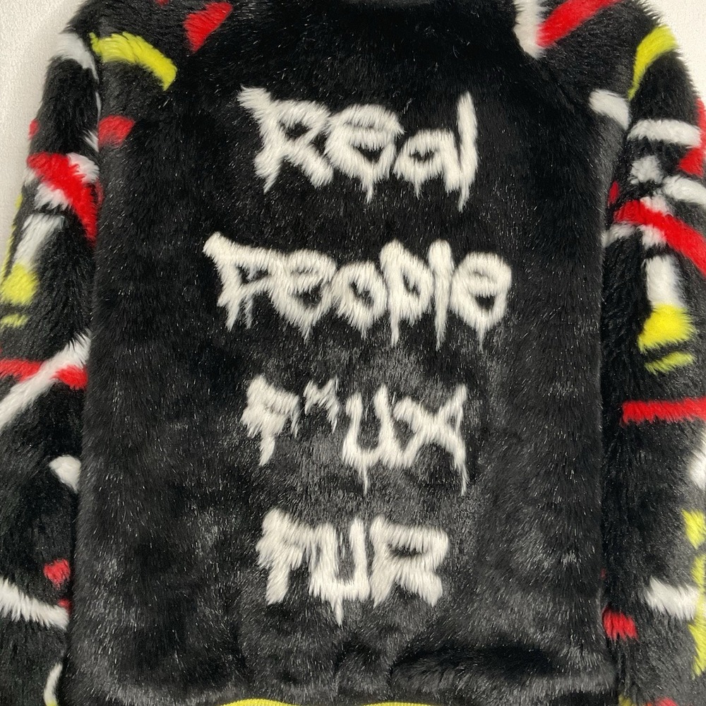 HEUREAH Real People Faux Fur Graphic Bomber Jacket Size Large Multicolor Pockets - Picture 8 of 13